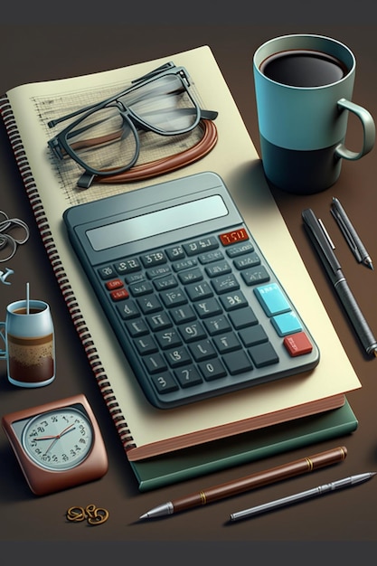 A calculator is on a desk with a cup of coffee and a clock.