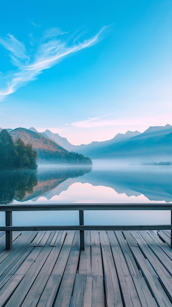 Photo calm lake with wooden deck and mountains at sunrise peaceful nature concept