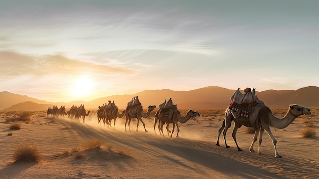 Camel caravan in the desert at sunrise Generative AI