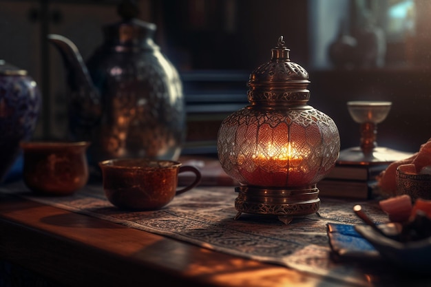 A candle on a table with a stack of books and a lamp