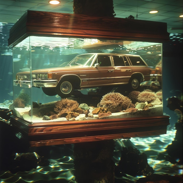 Photo car inside the aquarium with corals and seaweed in the water