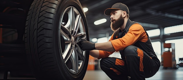 A car mechanic with a beard checks tire pressure in a garage