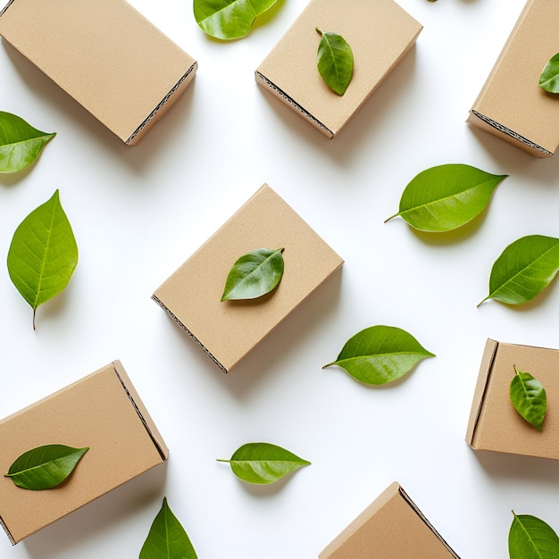 Photo cardboard boxes are arranged on a light surface adorned with fresh green leaves highlighting ecoconscious packaging choices for sustainable products