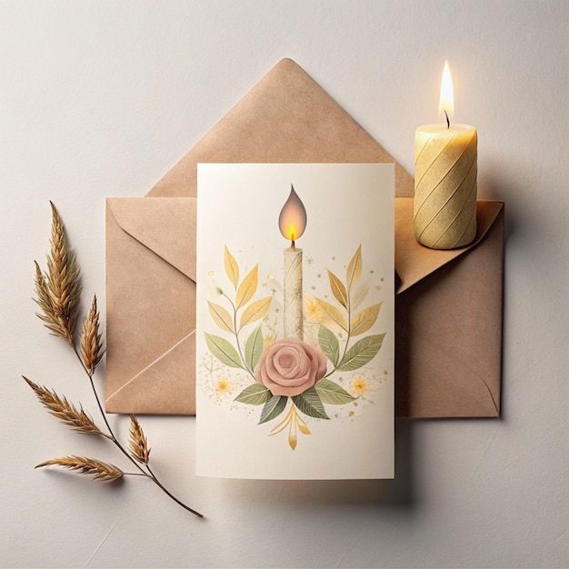 Cards and envelope on a marble table near eucalyptus branches and pebbles top viewWedding mockup