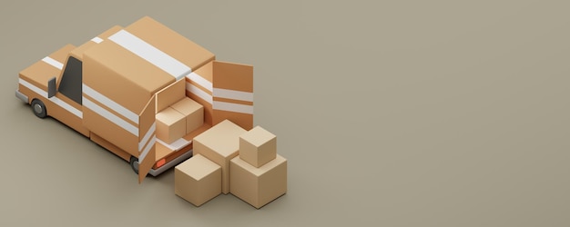 Cargo delivery truck with cardboard boxes 3d rendering