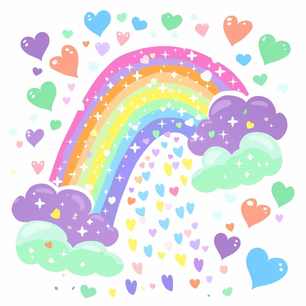 Foto cartoon-achtige illustratie van een pastel regenboog met wolken en harten