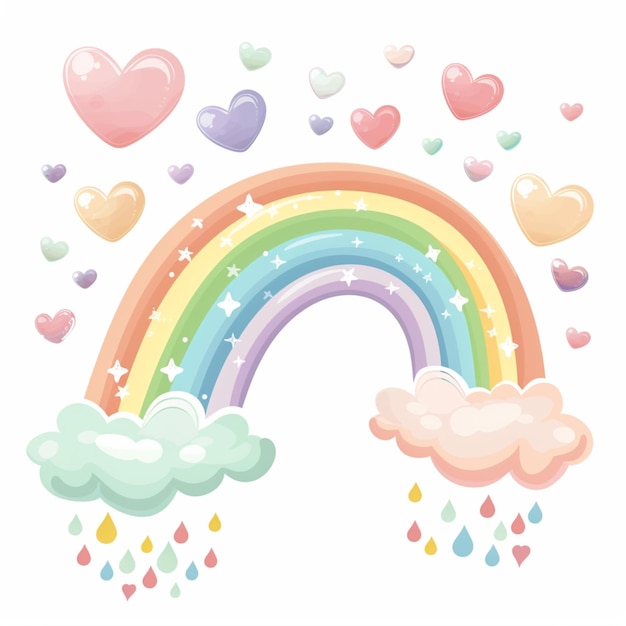 Foto cartoon-achtige illustratie van een pastel regenboog met wolken en harten