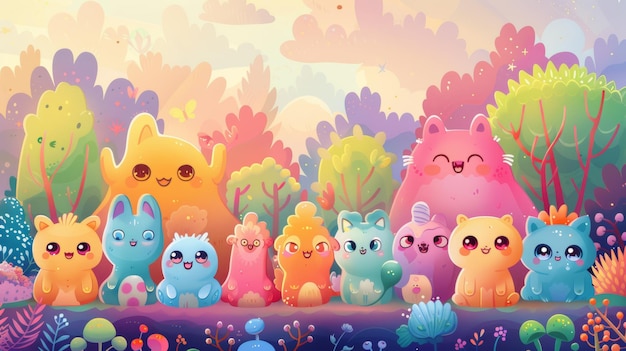 Photo cartoon background with cute and cheerful characters