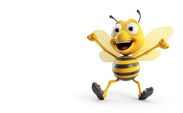 Cartoon bee running isolated on white background 3d illustration A cartoon bee with a happy face and arm raised in a cheerful gesture AI Generated