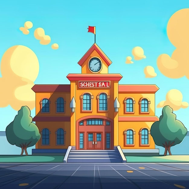 a cartoon of a building with a clock on the front