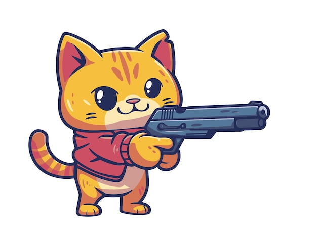 Photo cartoon cat character holding a gun wearing a red sweater flat vector illustration