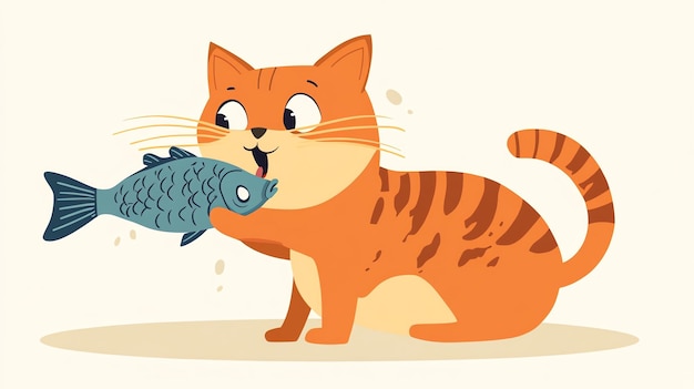 Photo cartoon cat happily holding a fish in its mouth