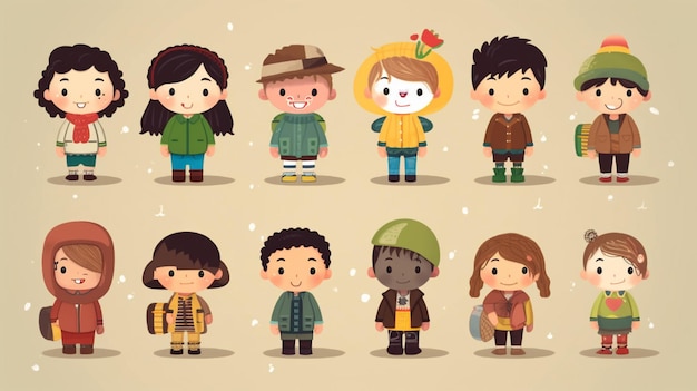Photo cartoon children in winter clothes and hats standing in a row generative ai