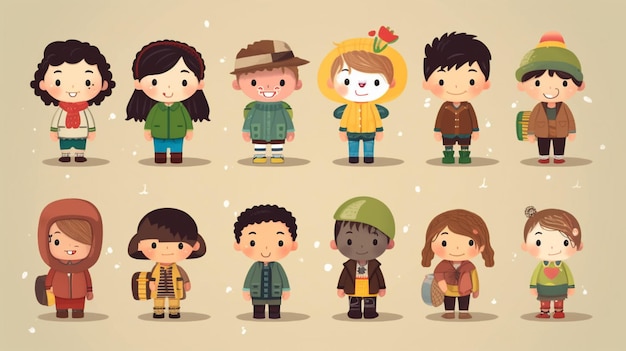 cartoon children in winter clothes and hats standing in a row generative ai