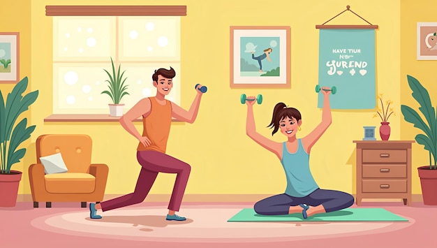 Photo a cartoon of a couple doing push ups with a sign that says you do not exercise