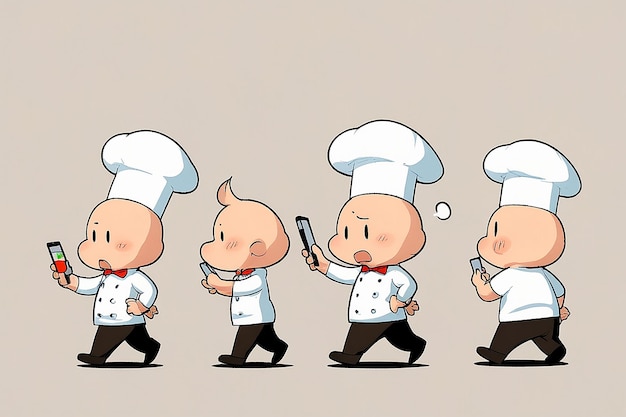 Photo cartoon cute chef delivering food and walking out from smartphone