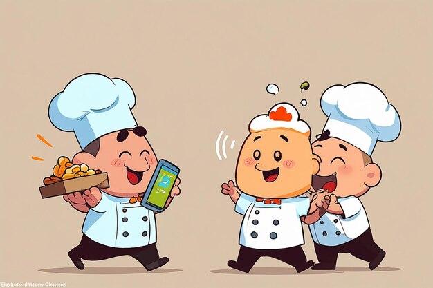 Photo cartoon cute chef delivering food and walking out from smartphone