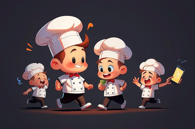 Photo cartoon cute chef delivering food and walking out from smartphone