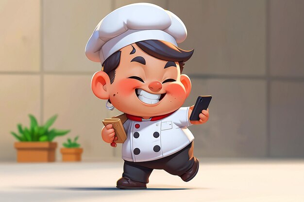 Photo cartoon cute chef delivering food and walking out from smartphone