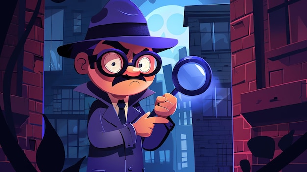 Photo a cartoon detective in a trench coat and fedora looking suspiciously at the viewer with a magnifying glass