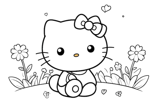 Photo a cartoon drawing of a hello kitty sitting on a hill with flowers and hearts