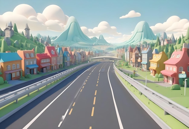 Photo a cartoon drawing of a road with a mountain in the background