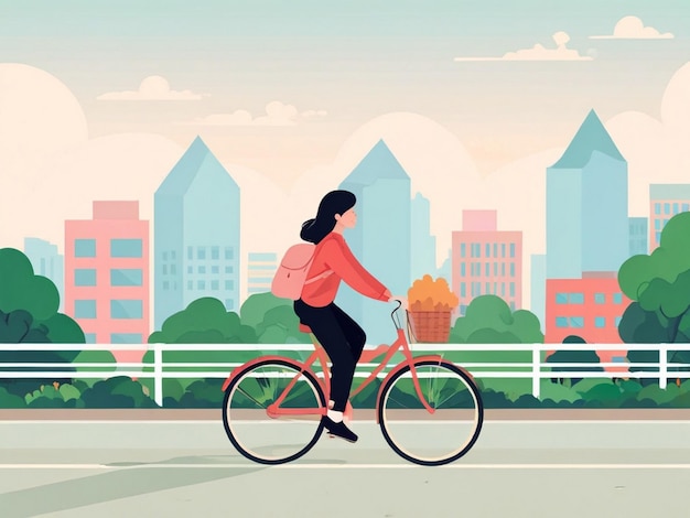 Photo a cartoon drawing of a woman riding a bike with a city in the background