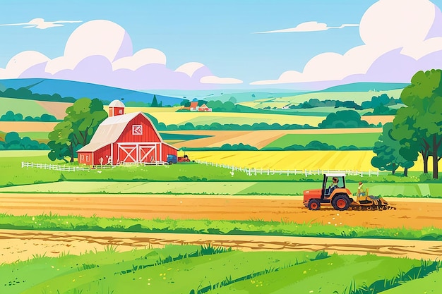 Cartoon Farm Landscape Field with Farmers Building Large Field Farming Striped