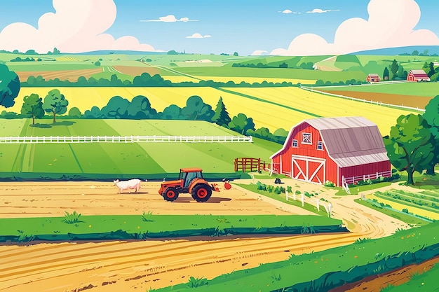 Cartoon Farm Landscape Field with Farmers Building Large Field Farming Striped