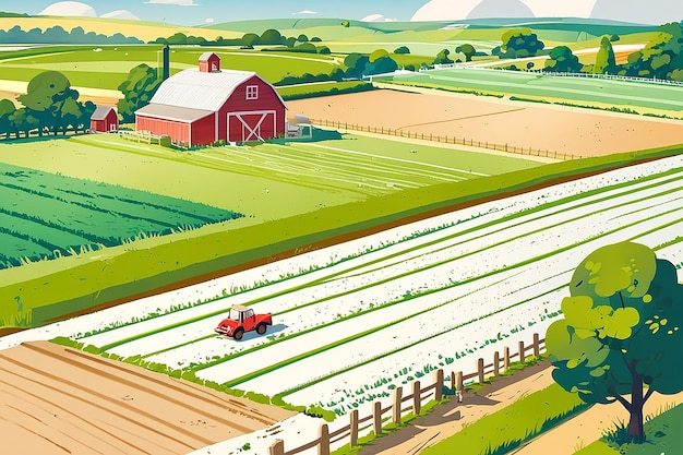 Cartoon Farm Landscape Field with Farmers Building Large Field Farming Striped