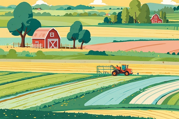 Cartoon Farm Landscape Field with Farmers Building Large Field Farming Striped