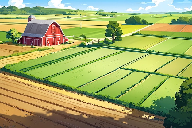 Cartoon Farm Landscape Field with Farmers Building Large Field Farming Striped