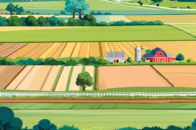 Photo cartoon farm landscape field with farmers building large field farming striped