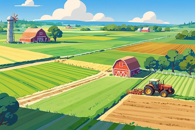 Cartoon Farm Landscape Field with Farmers Building Large Field Farming Striped