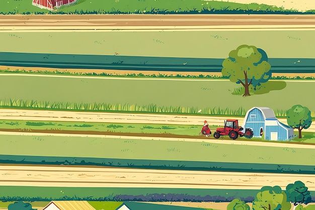 Cartoon Farm Landscape Field with Farmers Building Large Field Farming Striped