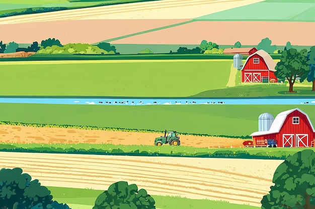 Cartoon Farm Landscape Field with Farmers Building Large Field Farming Striped