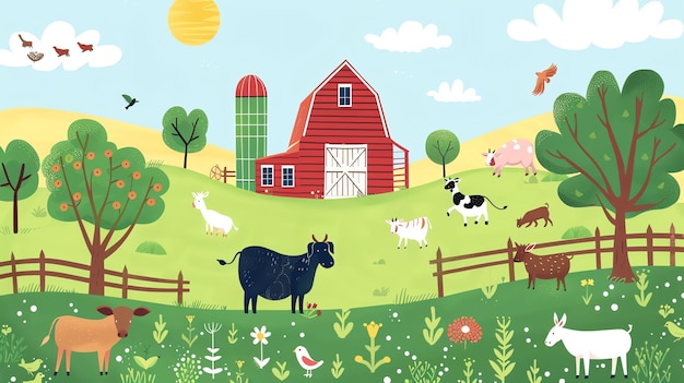 Photo a cartoon farm scene with animals a red barn and a blue sky