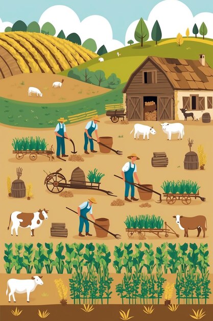 Photo a cartoon of a farm scene with a farm scene with cows and a farmer