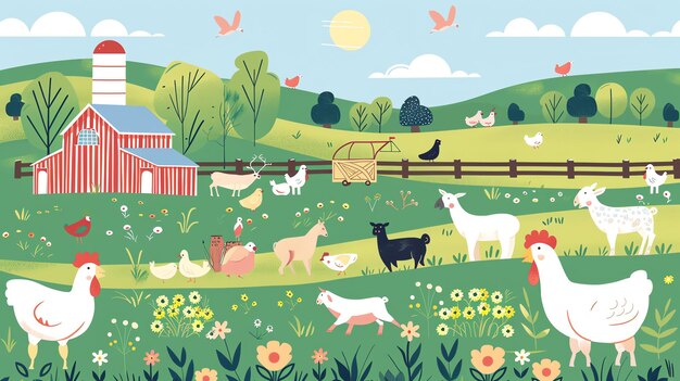 Photo a cartoon farm with a red barn a green field and many animals