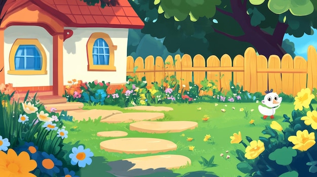 Photo cartoon garden landscape outdoors of the house of ali background image to add characters the illustr