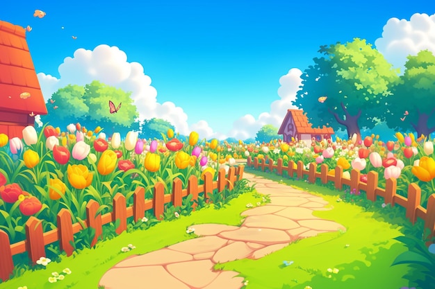 Photo cartoon garden with flowers and a path leading to a house generative ai