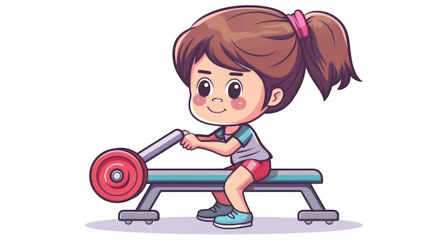 Photo a cartoon girl is doing a workout on a gym bench