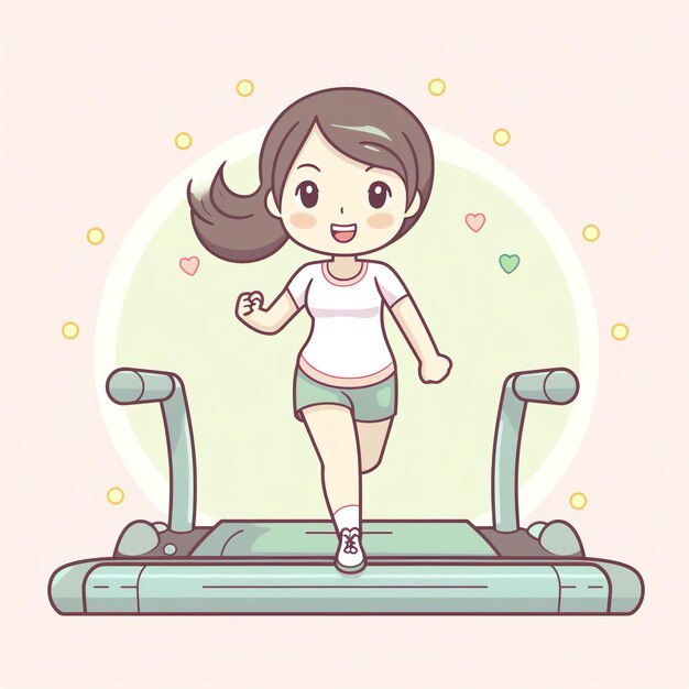 Photo a cartoon girl is running on a treadmill