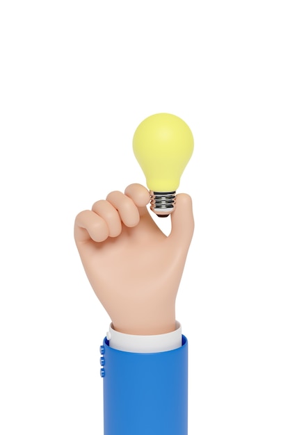 Cartoon hand holding a light bulb isolated.