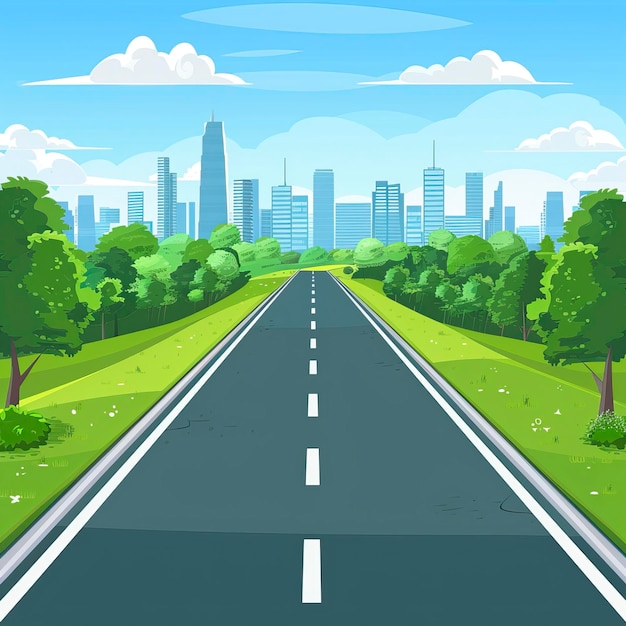 Photo cartoon highway empty road with city skyline on horizon and nature landscape highway view ar 11 style raw job id c89a0b76580b4e9c9244bde7b372737c