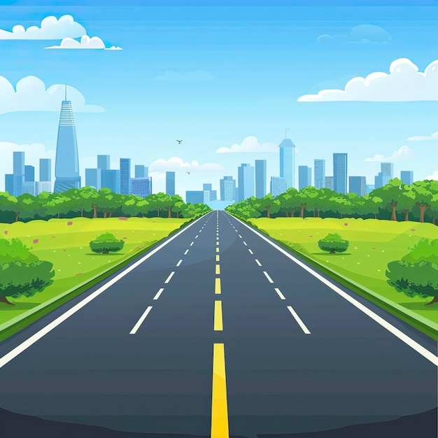 Photo cartoon highway empty road with city skyline on horizon and nature landscape highway view ar 11 style raw job id e667fa40d7a84d61b2346d25c727ab08