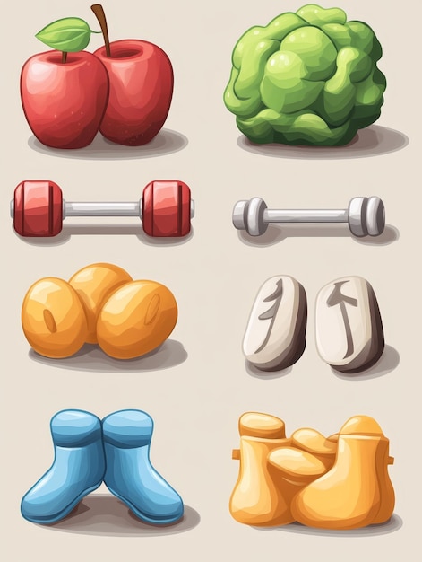 Photo cartoon icons of healthy lifestyle elements