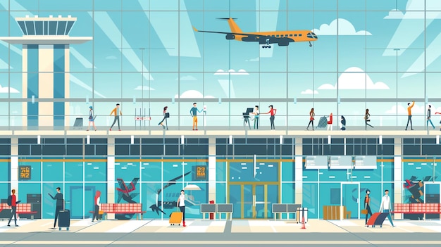 Foto un'illustrazione di cartone animato di un terminal aeroportuale con persone in attesa e che camminano in giro