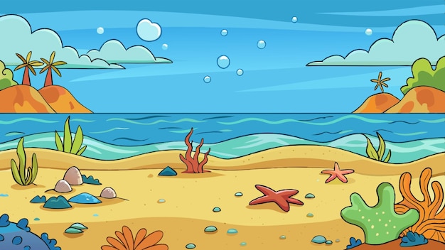 Photo a cartoon illustration of a beach with starfish and the ocean