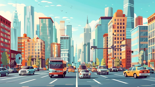 Photo a cartoon illustration of a busy city street in the daytime with cars buses and tall buildings